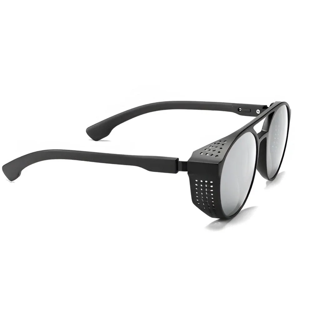 Mens Steampunk Outfit Sunglasses Matte Black Silver Mirror Lens Side Shields New